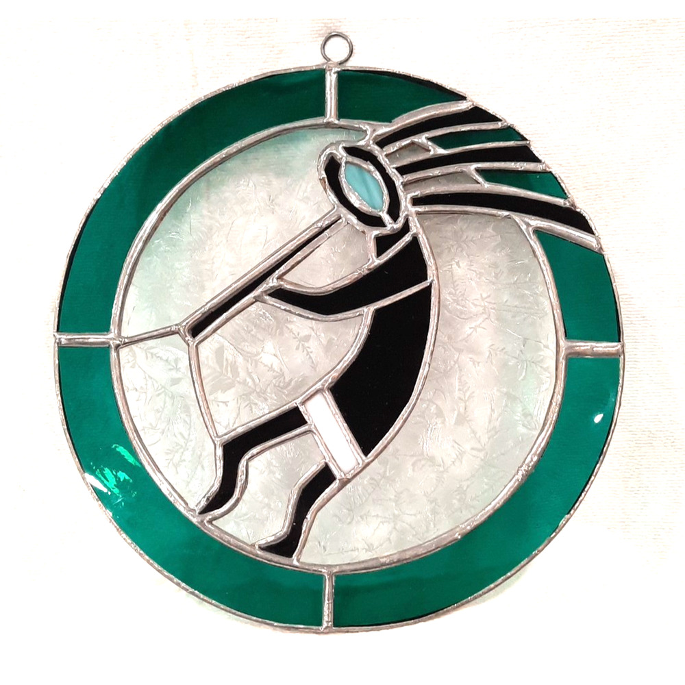 Vintage Kokopelli Stained Glass Suncatcher 6” Round Southwest Window Decor